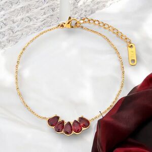 Elegant 18K‎ Finish Over Stainless Steel Waterproof Bracelet w/Garnet  Gemstones